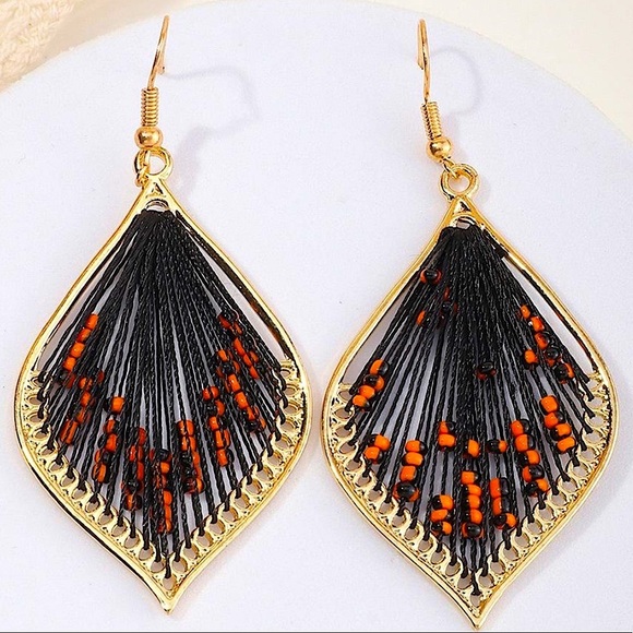 Boho Tribal Thread Woven Beaded Drop Earrings - Picture 1 of 3